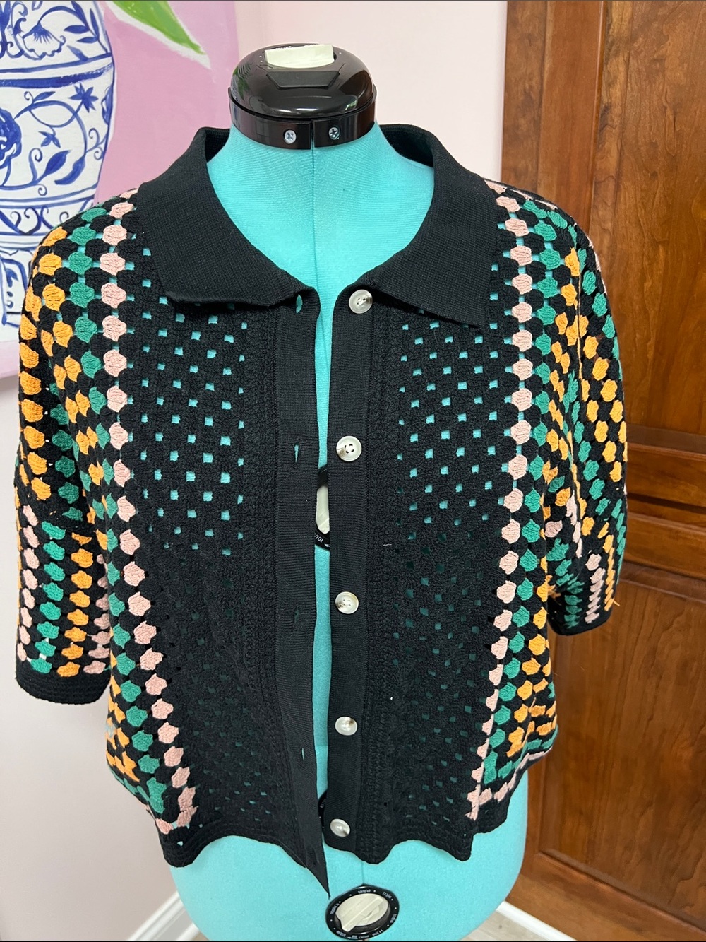 Black Short-Sleeve Knit Polo Cardigan with Pink, Green & Yellow Accents